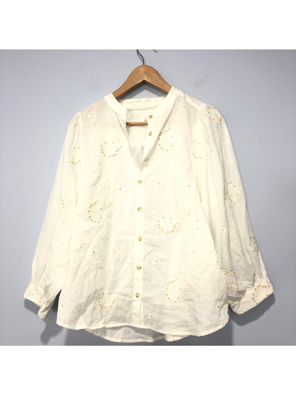 Anthropologie Embroidered Linen Button Down Long Sleeve Shirt Size M
